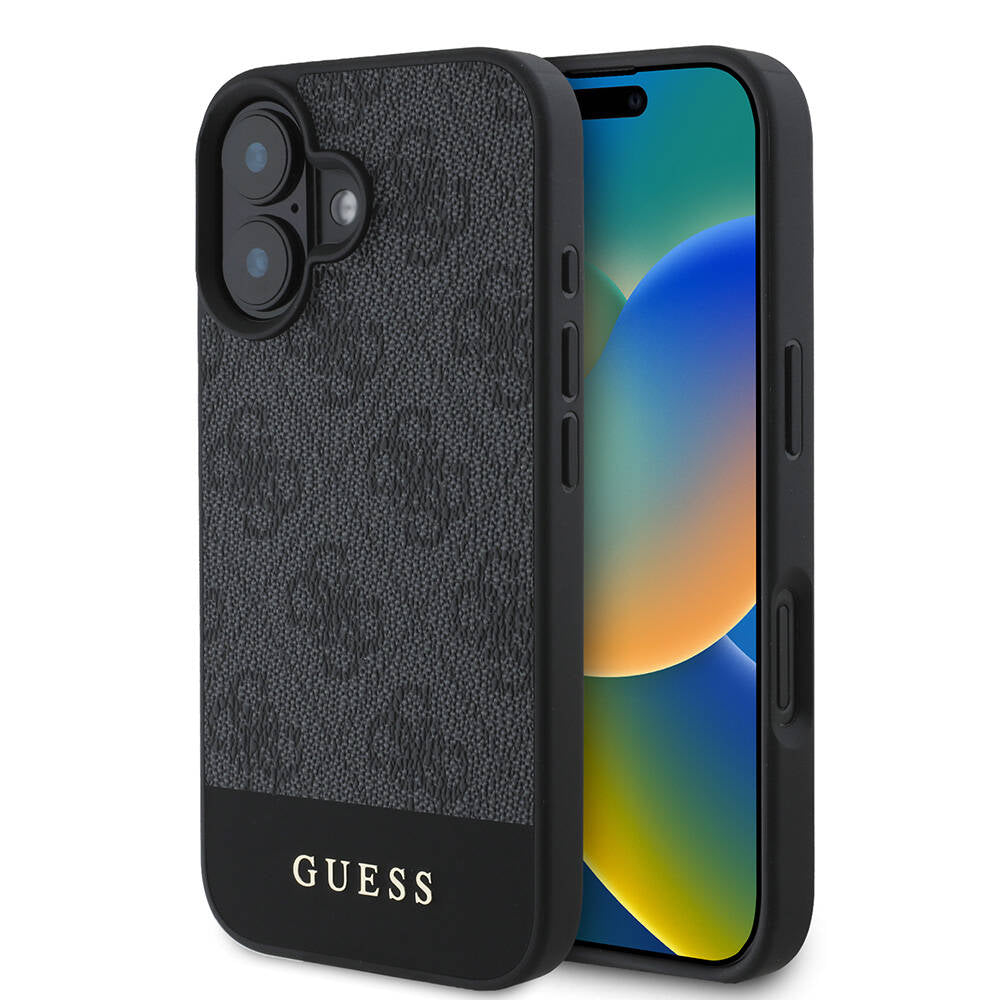 Apple iPhone 16 Plus Kılıf Guess Orjinal Lisanslı Magsafe Şarj Özellikli PU Deri Şerit Logo Dizaynlı Kapak Siyah