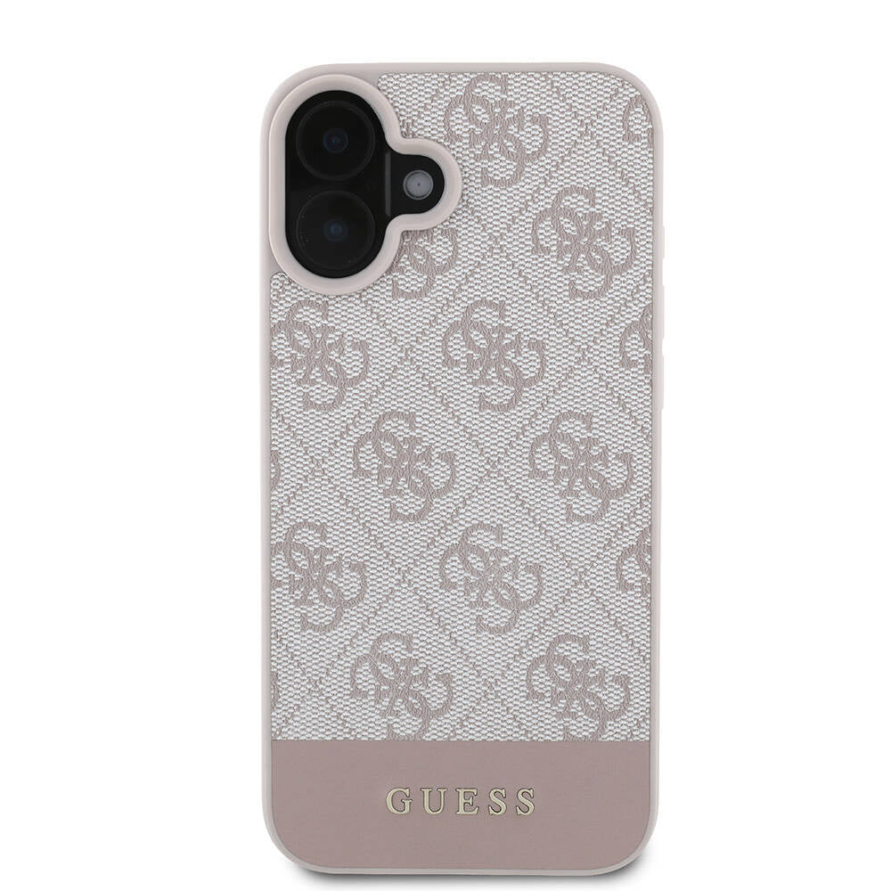Apple iPhone 16 Plus Kılıf Guess Orjinal Lisanslı Magsafe Şarj Özellikli PU Deri Şerit Logo Dizaynlı Kapak Pembe