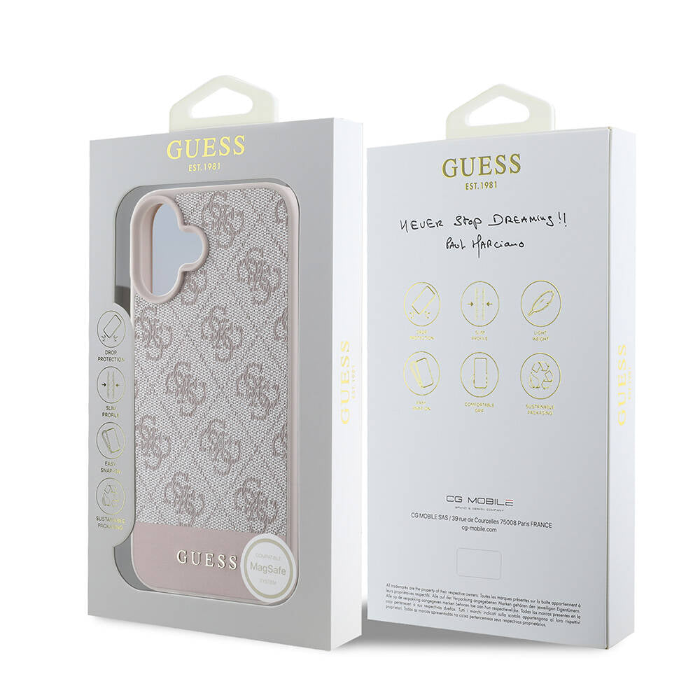 Apple iPhone 16 Plus Kılıf Guess Orjinal Lisanslı Magsafe Şarj Özellikli PU Deri Şerit Logo Dizaynlı Kapak Pembe