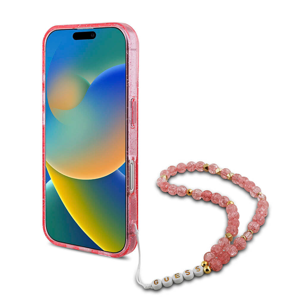 Apple iPhone 16 Plus Kılıf Guess Orjinal Lisanslı Magsafe Şarj Özellikli Simli Silikon İnci Bileklikli Kapak Pembe