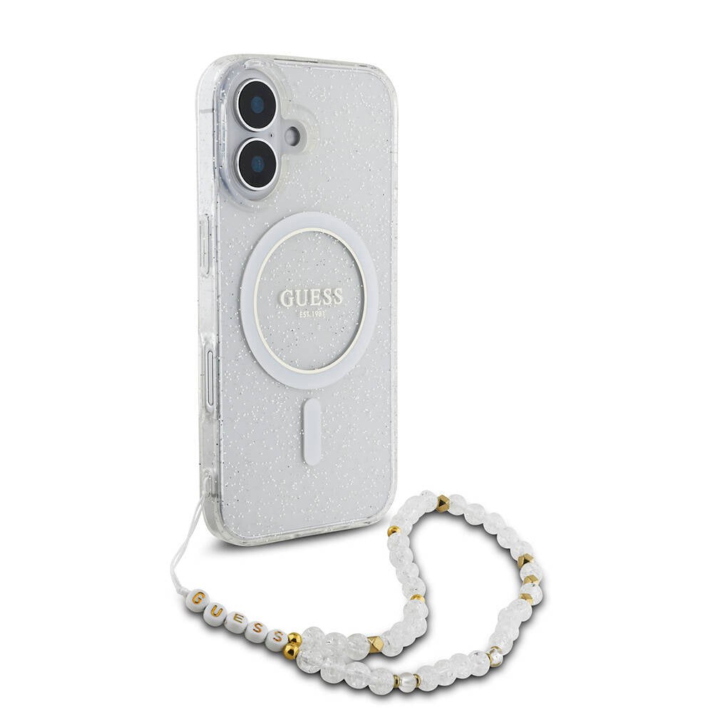 Apple iPhone 16 Plus Kılıf Guess Orjinal Lisanslı Magsafe Şarj Özellikli Simli Silikon İnci Bileklikli Kapak Siyah