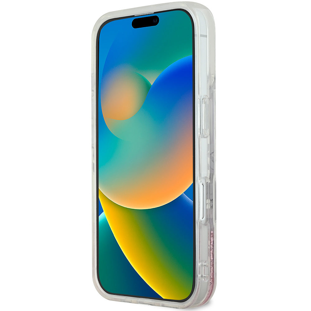 Apple iPhone 16 Plus Kılıf Guess Orjinal Lisanslı Magsafe Şarj Özellikli Sıvılı Simli Çiçek Desenli Kapak Pembe