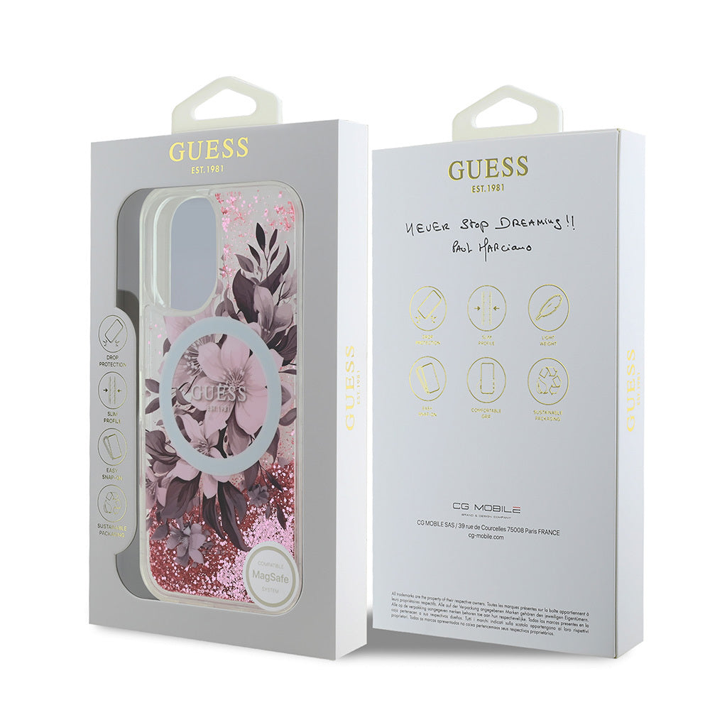 Apple iPhone 16 Plus Kılıf Guess Orjinal Lisanslı Magsafe Şarj Özellikli Sıvılı Simli Çiçek Desenli Kapak Pembe