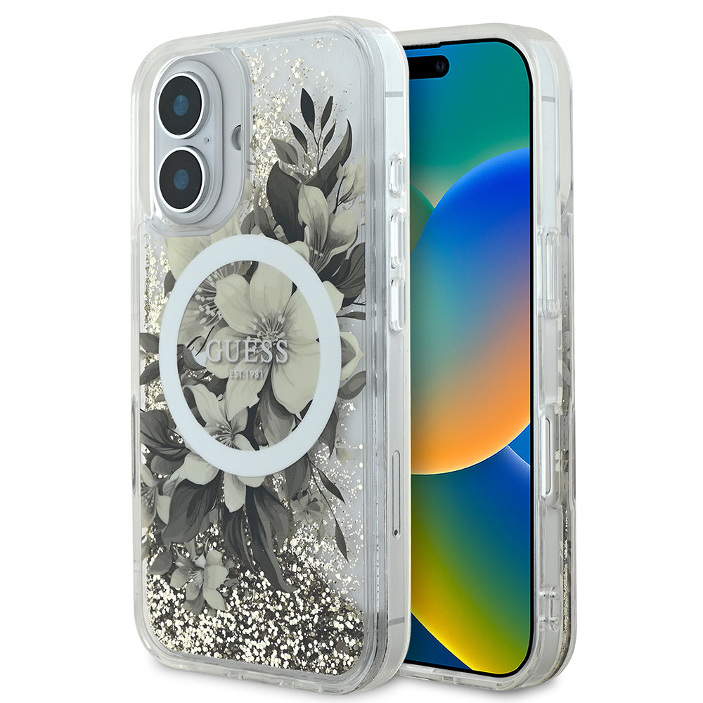 Apple iPhone 16 Plus Kılıf Guess Orjinal Lisanslı Magsafe Şarj Özellikli Sıvılı Simli Çiçek Desenli Kapak Bej