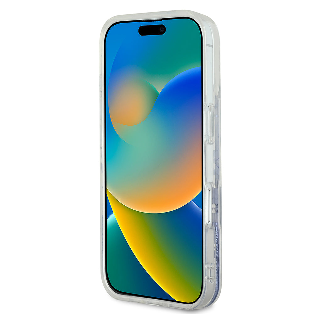 Apple iPhone 16 Plus Kılıf Guess Orjinal Lisanslı Magsafe Şarj Özellikli Sıvılı Simli Çiçek Desenli Kapak Pembe