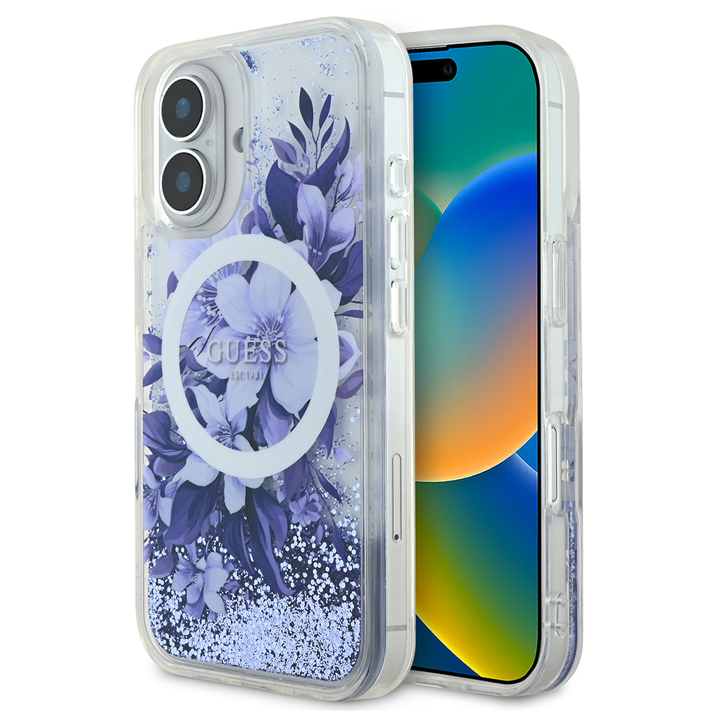 Apple iPhone 16 Plus Kılıf Guess Orjinal Lisanslı Magsafe Şarj Özellikli Sıvılı Simli Çiçek Desenli Kapak Mor