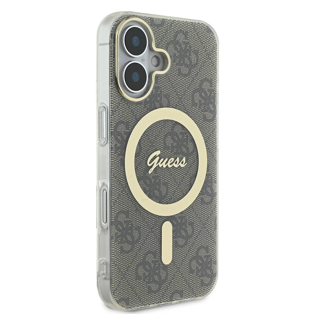 Apple iPhone 16 Plus Kılıf Guess Orjinal Lisanslı Magsafe Şarj Özellikli Yazı Logolu 4G Desenli Kapak Kahverengi