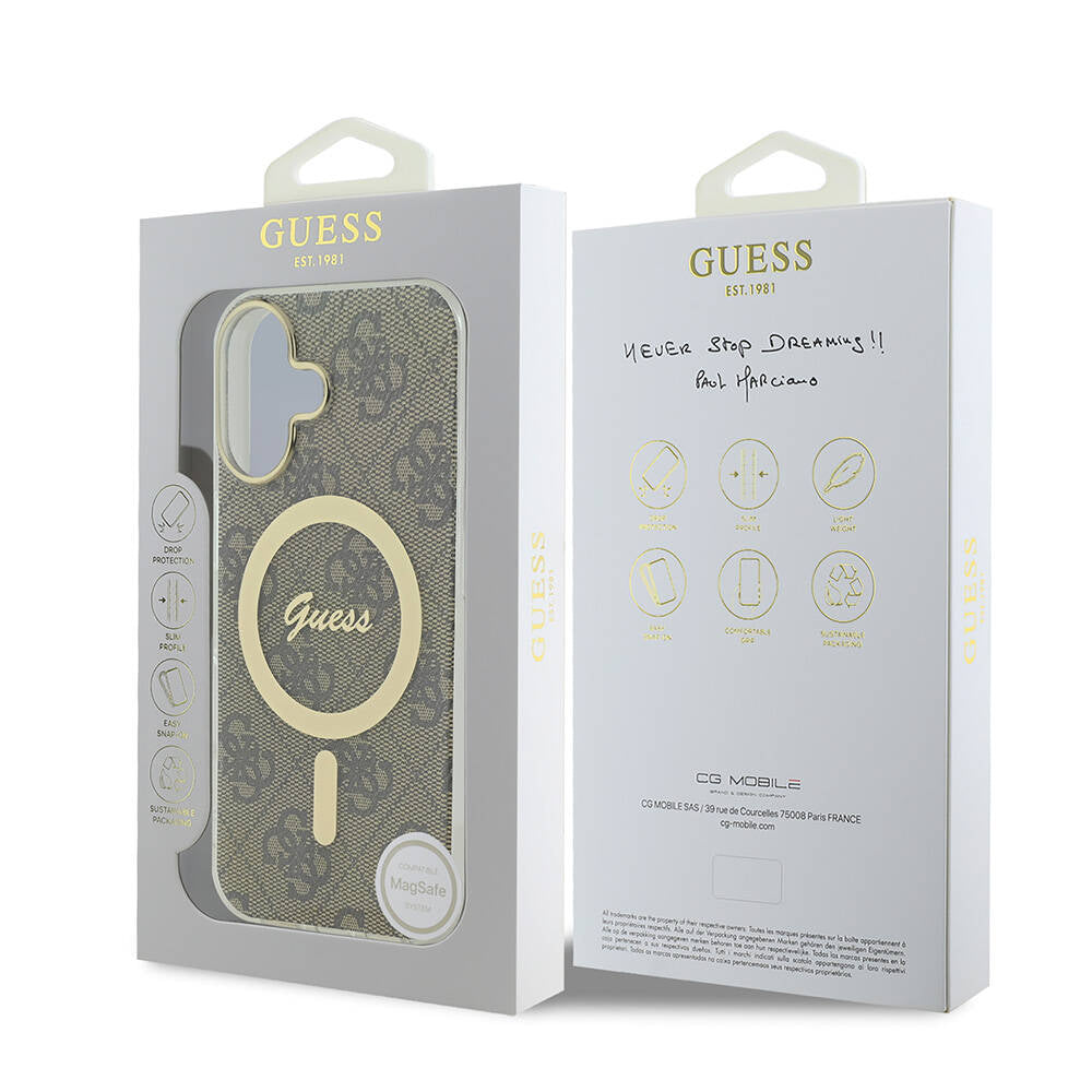 Apple iPhone 16 Plus Kılıf Guess Orjinal Lisanslı Magsafe Şarj Özellikli Yazı Logolu 4G Desenli Kapak Kahverengi