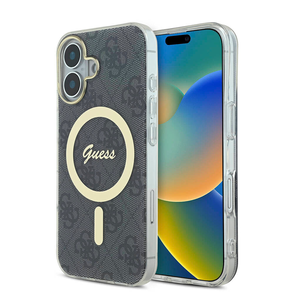 Apple iPhone 16 Plus Kılıf Guess Orjinal Lisanslı Magsafe Şarj Özellikli Yazı Logolu 4G Desenli Kapak Siyah