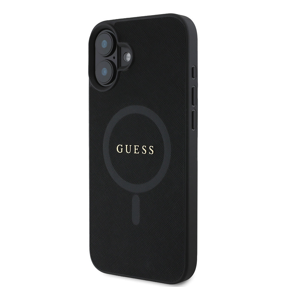 Apple iPhone 16 Plus Kılıf Guess Orjinal Lisanslı Magsafe Şarj Özellikli Yazı Logolu Saffiano Classic Kapak Siyah