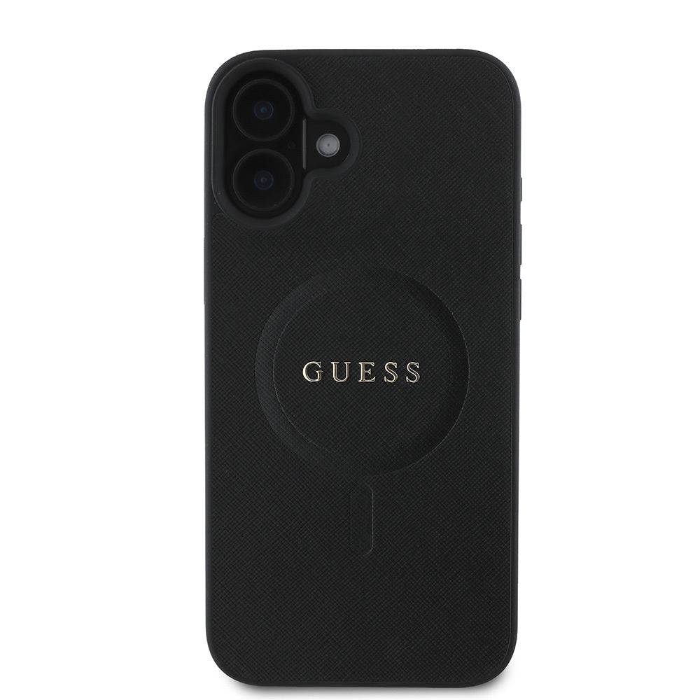 Apple iPhone 16 Plus Kılıf Guess Orjinal Lisanslı Magsafe Şarj Özellikli Yazı Logolu Saffiano Classic Kapak Siyah