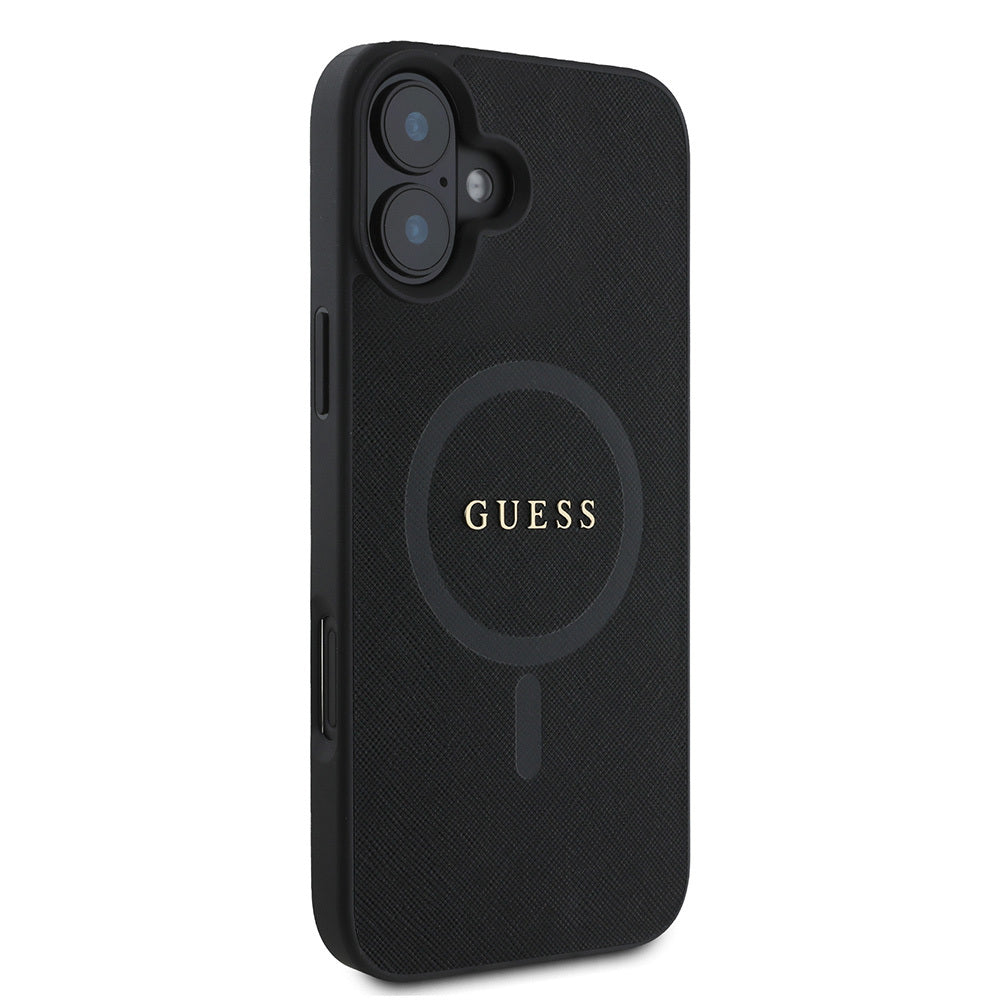 Apple iPhone 16 Plus Kılıf Guess Orjinal Lisanslı Magsafe Şarj Özellikli Yazı Logolu Saffiano Classic Kapak Siyah