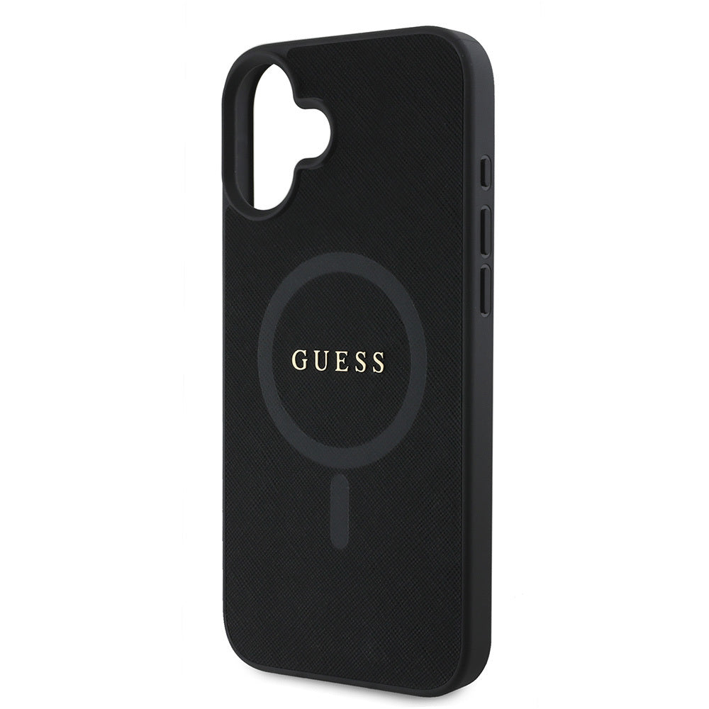 Apple iPhone 16 Plus Kılıf Guess Orjinal Lisanslı Magsafe Şarj Özellikli Yazı Logolu Saffiano Classic Kapak Siyah