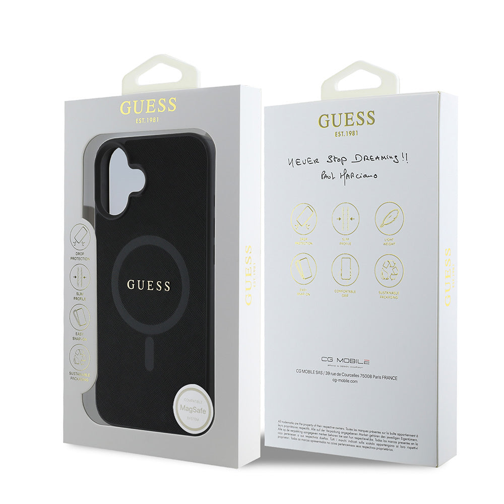 Apple iPhone 16 Plus Kılıf Guess Orjinal Lisanslı Magsafe Şarj Özellikli Yazı Logolu Saffiano Classic Kapak Siyah