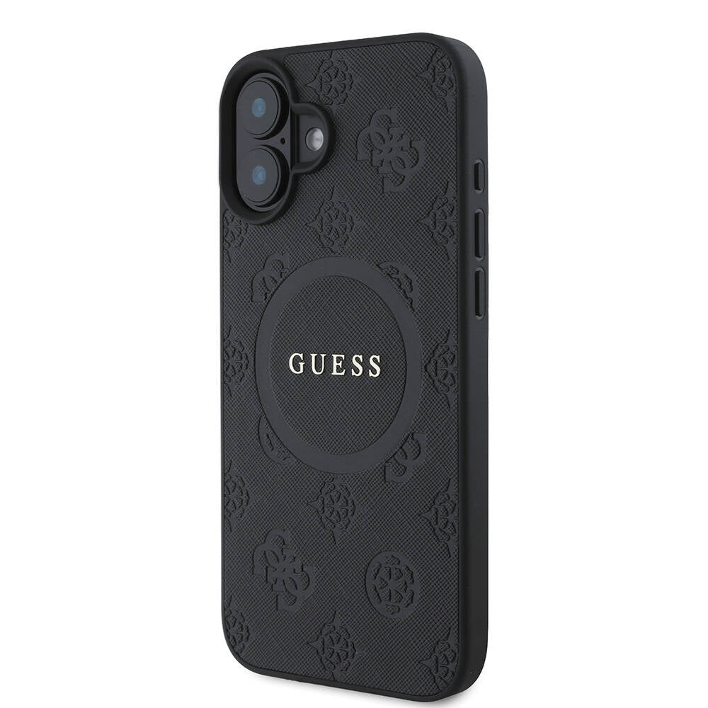Apple iPhone 16 Plus Kılıf Guess Orjinal Lisanslı Magsafe Şarj Özellikli Yazı Logolu Saffiano Peony Kapak Siyah