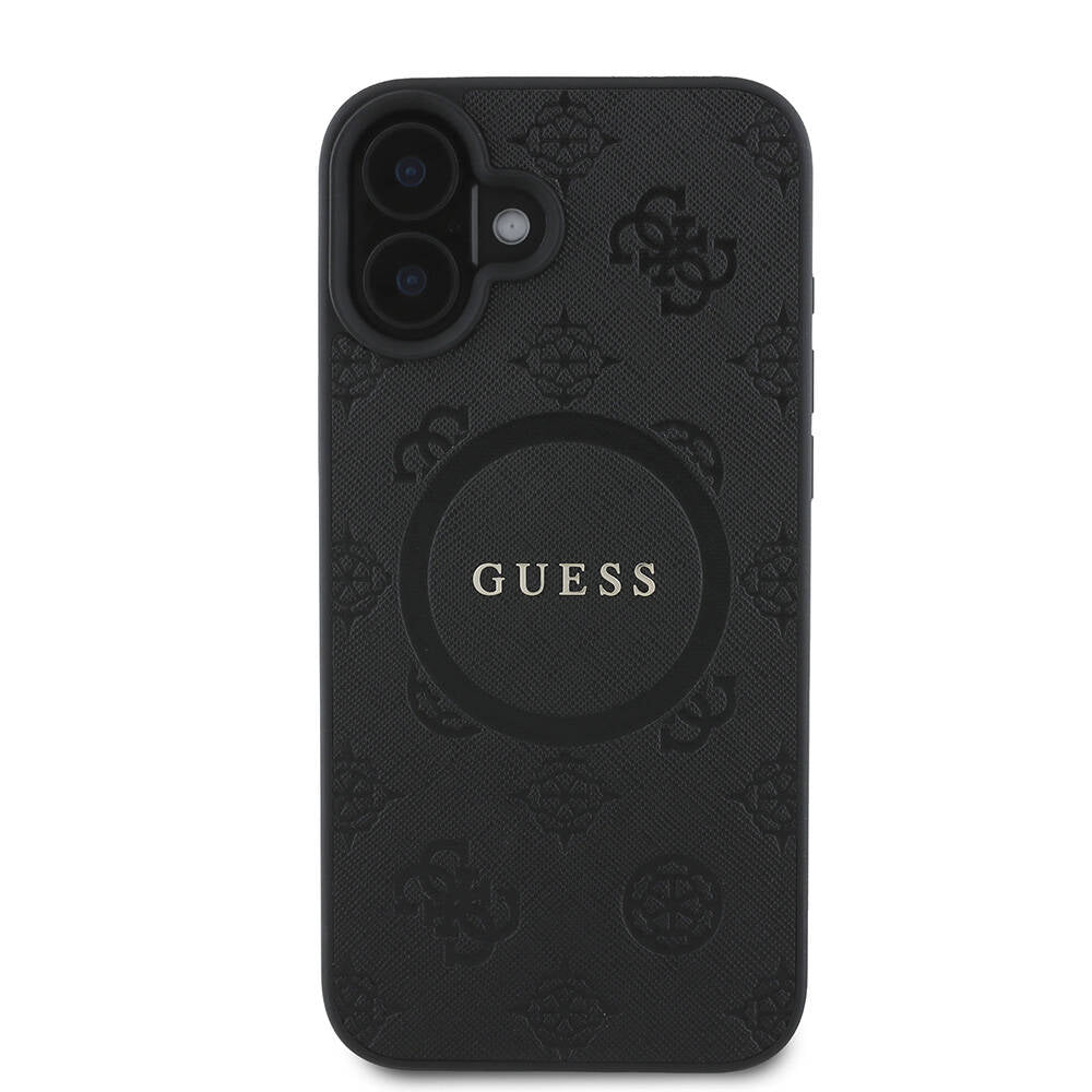 Apple iPhone 16 Plus Kılıf Guess Orjinal Lisanslı Magsafe Şarj Özellikli Yazı Logolu Saffiano Peony Kapak Siyah