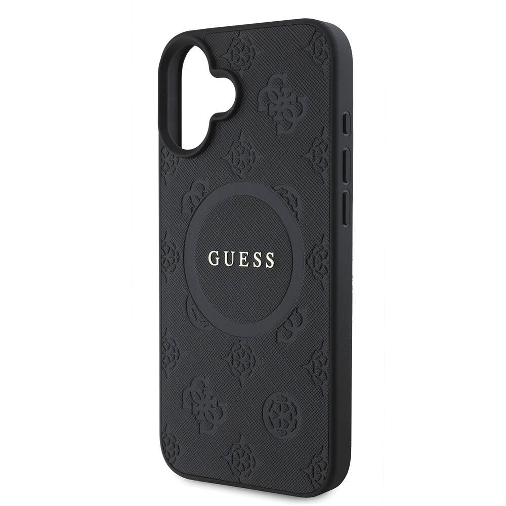 Apple iPhone 16 Plus Kılıf Guess Orjinal Lisanslı Magsafe Şarj Özellikli Yazı Logolu Saffiano Peony Kapak Siyah