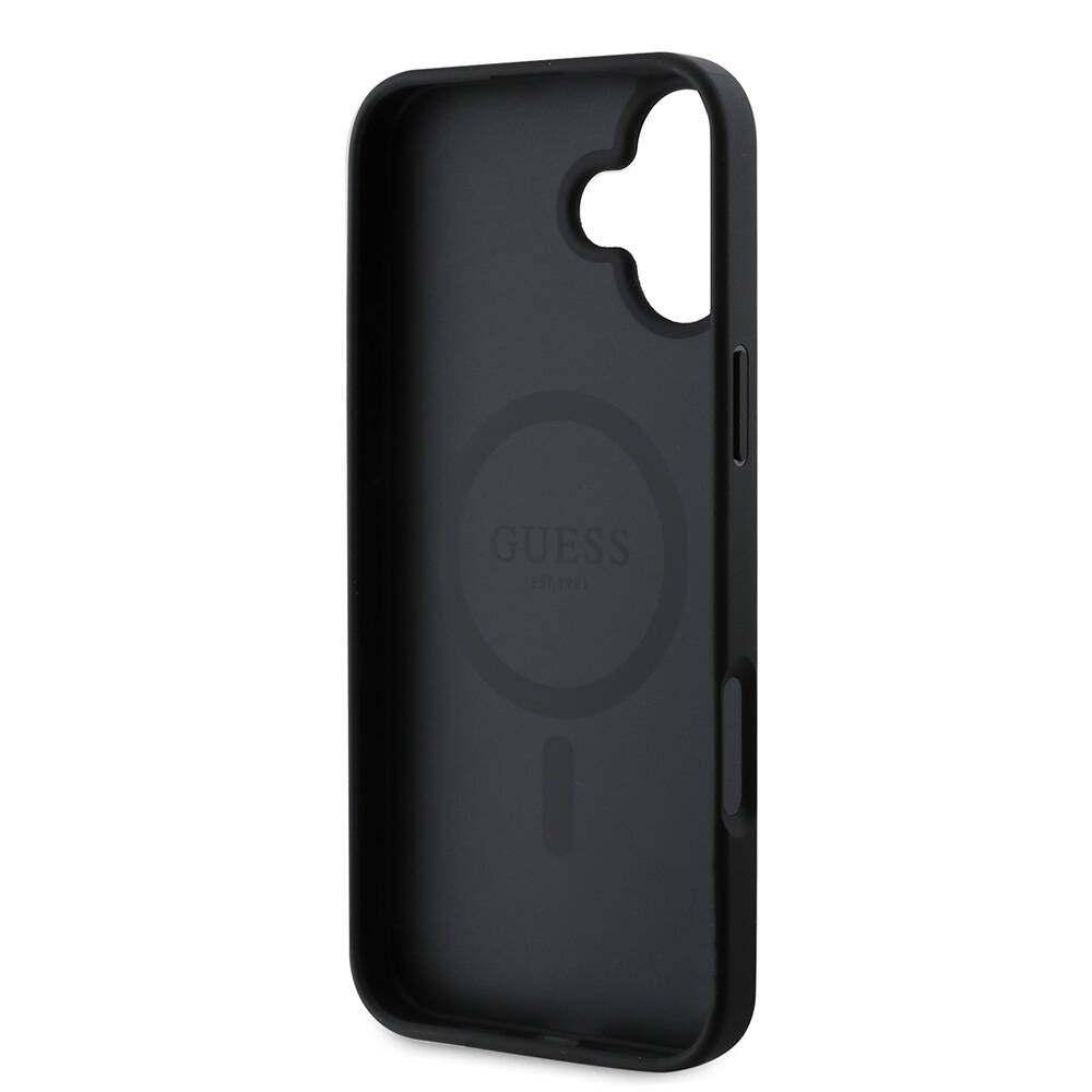 Apple iPhone 16 Plus Kılıf Guess Orjinal Lisanslı Magsafe Şarj Özellikli Yazı Logolu Saffiano Peony Kapak Siyah