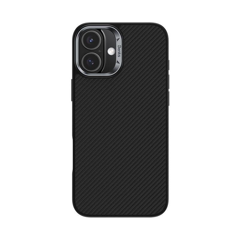 iPhone 16 Plus Kılıf Karbon Fiber Magsafe Şarj Özellikli Benks Hybrid ArmorPro 600D Kevlar Kılıf Siyah