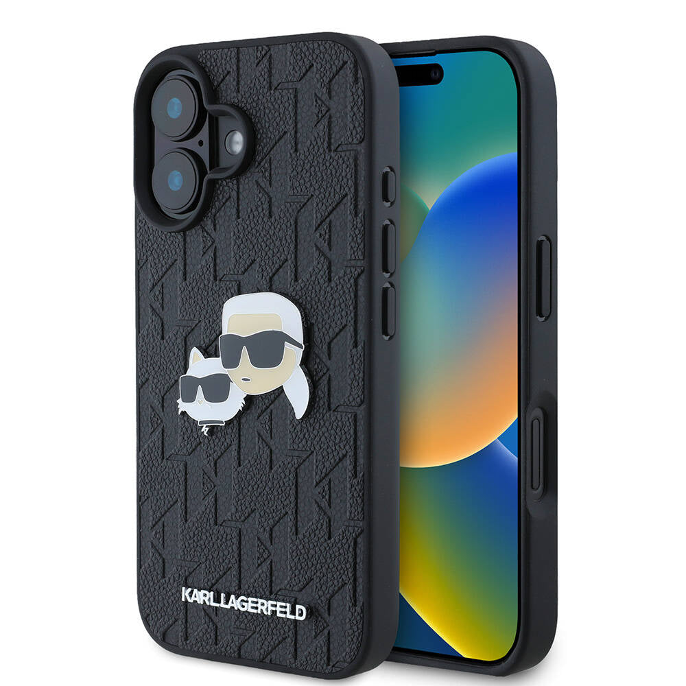 iPhone 16 Plus Kılıf Karl Lagerfeld Orjinal Lisanslı K&C Heads Monogram Pin Kılıf Siyah