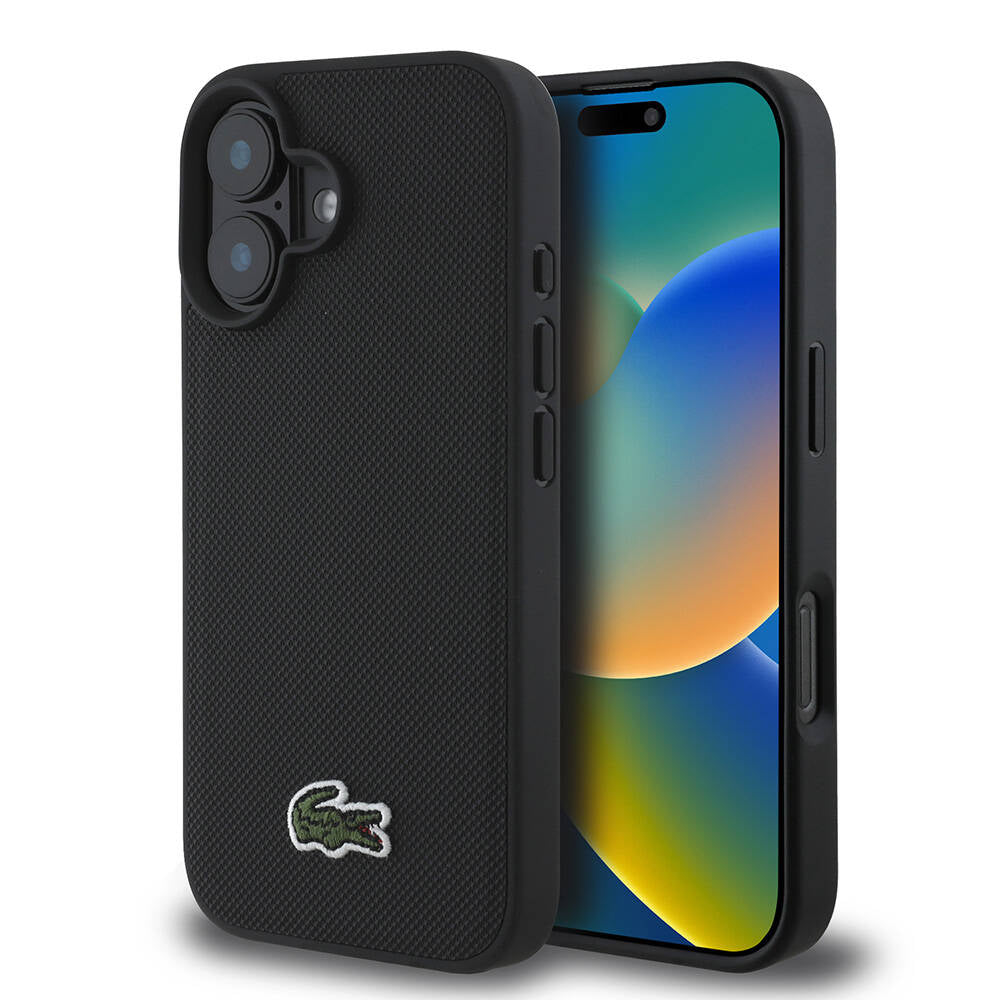 iPhone 16 Plus Kılıf Lacoste Orjinal Lisanslı PU Pike Desenli Arka Yüzey İkonik Timsah Dokuma Logolu Kılıf Siyah