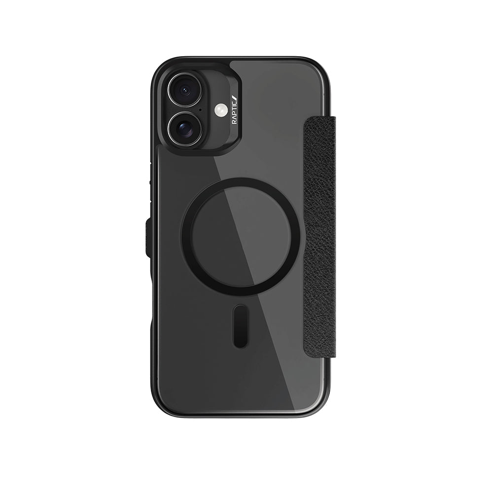 iPhone 16 Plus Kılıf Magsafe Şarj Özellikli Vegan Deri Tasarımlı Şeffaf Arka Yüzey Kartlıklı Raptic Urban Folio Serisi Kılıf Siyah
