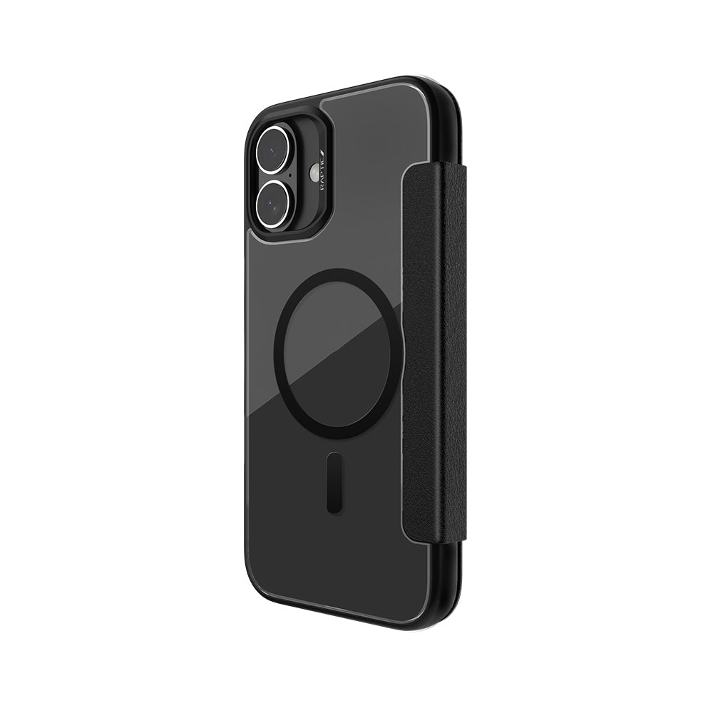 iPhone 16 Plus Kılıf Magsafe Şarj Özellikli Vegan Deri Tasarımlı Şeffaf Arka Yüzey Kartlıklı Raptic Urban Folio Serisi Kılıf Siyah