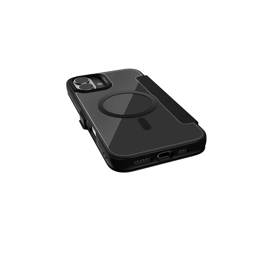 iPhone 16 Plus Kılıf Magsafe Şarj Özellikli Vegan Deri Tasarımlı Şeffaf Arka Yüzey Kartlıklı Raptic Urban Folio Serisi Kılıf Siyah