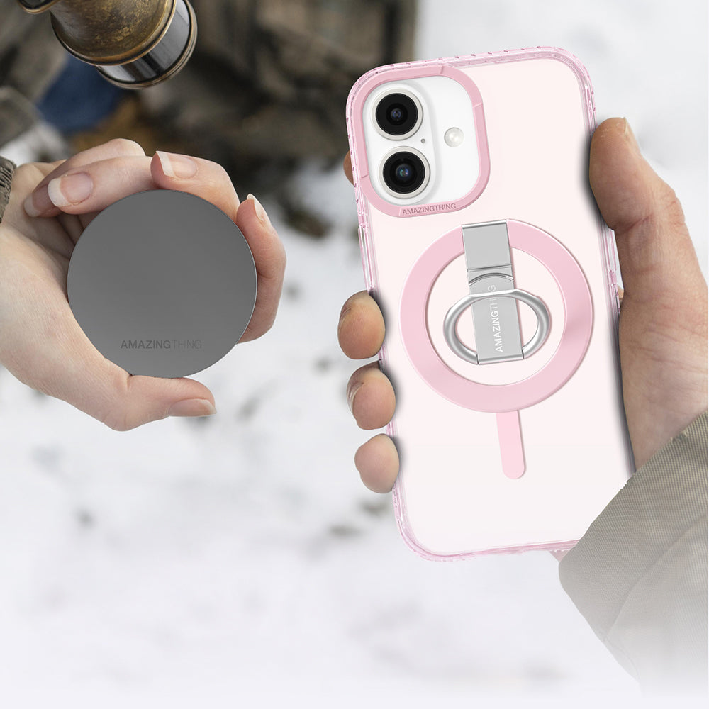 iPhone 16 Plus Kılıf Magsafe Şarj Özellikli Yüzük Standlı Amazingthing Titan Pro Serisi Kılıf Pembe