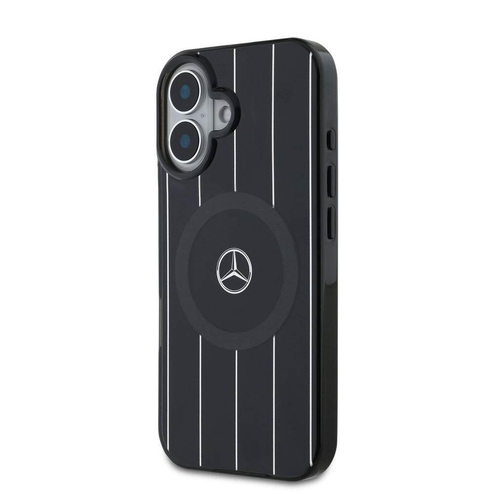 iPhone 16 Plus Kılıf Mercedes Benz Orjinal Lisanslı Magsafe Şarj Özellikli Çift Katmanlı Paralel Çizgi Desenli Kılıf Siyah