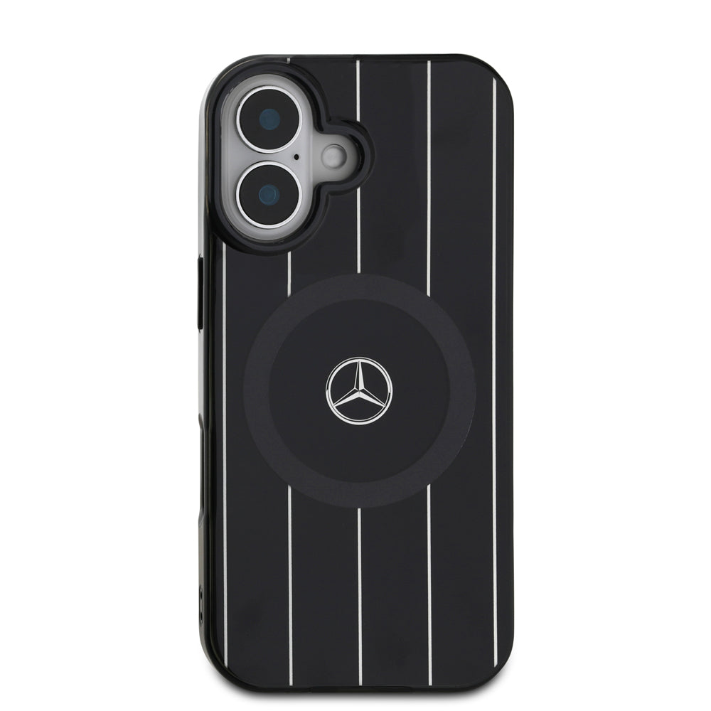 iPhone 16 Plus Kılıf Mercedes Benz Orjinal Lisanslı Magsafe Şarj Özellikli Çift Katmanlı Paralel Çizgi Desenli Kılıf Siyah