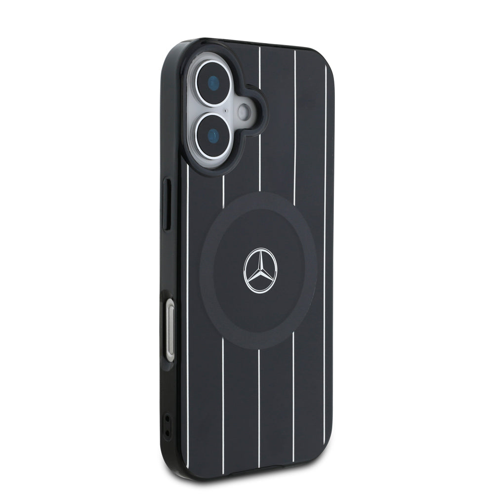 iPhone 16 Plus Kılıf Mercedes Benz Orjinal Lisanslı Magsafe Şarj Özellikli Çift Katmanlı Paralel Çizgi Desenli Kılıf Siyah