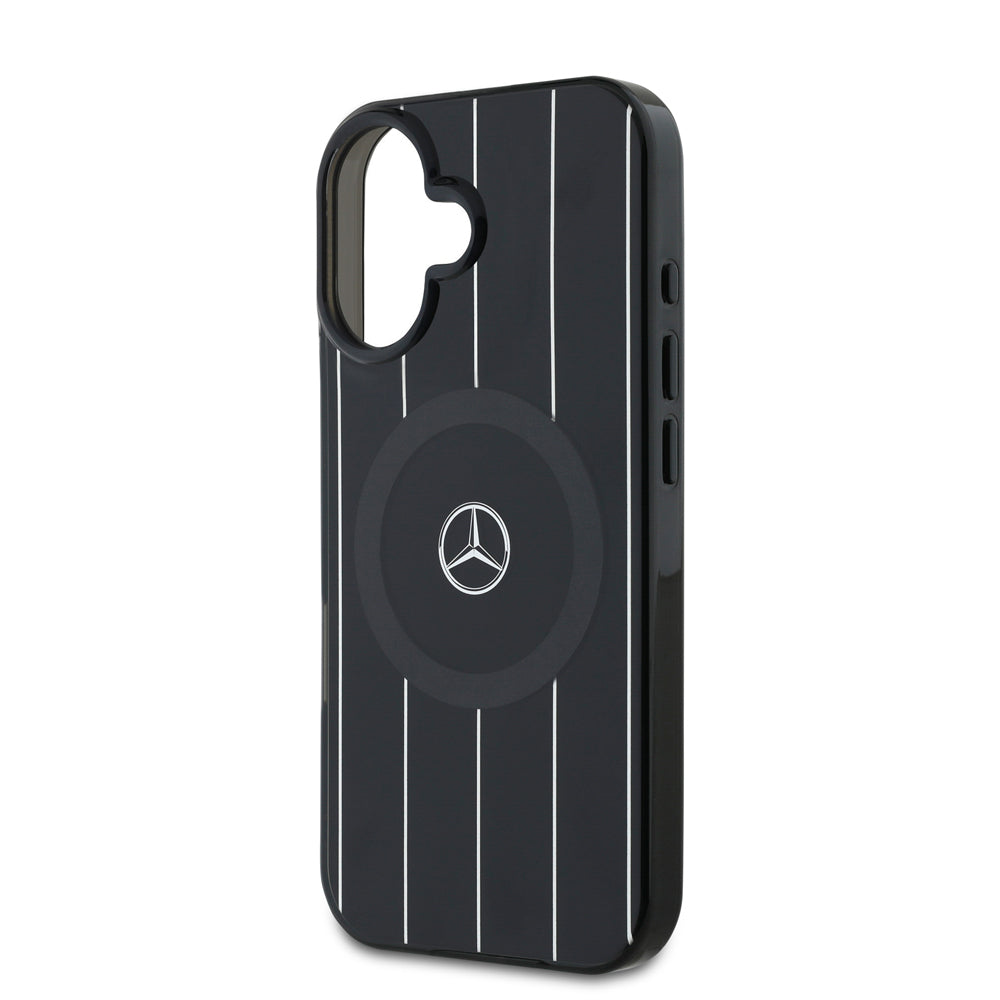 iPhone 16 Plus Kılıf Mercedes Benz Orjinal Lisanslı Magsafe Şarj Özellikli Çift Katmanlı Paralel Çizgi Desenli Kılıf Siyah