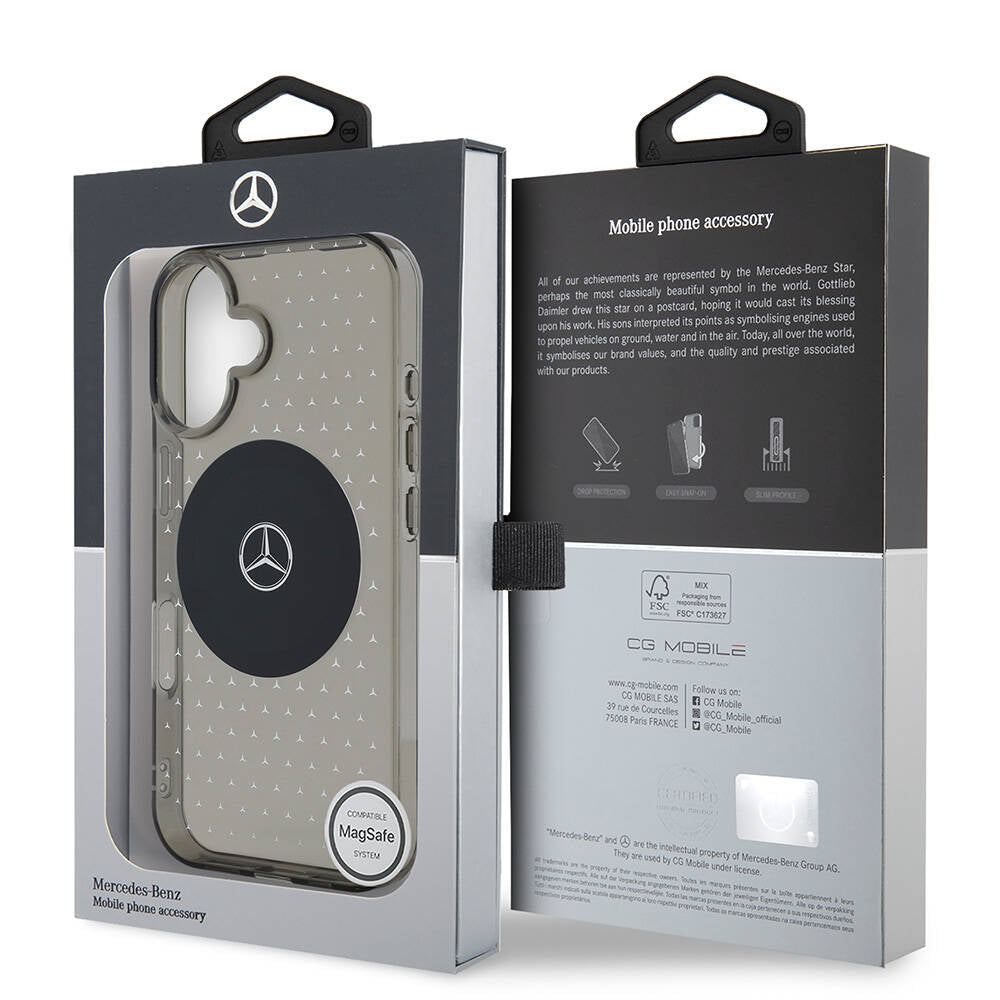 iPhone 16 Plus Kılıf Mercedes Benz Orjinal Lisanslı Magsafe Şarj Özellikli Yıldız Desenli Transparan Kılıf Siyah