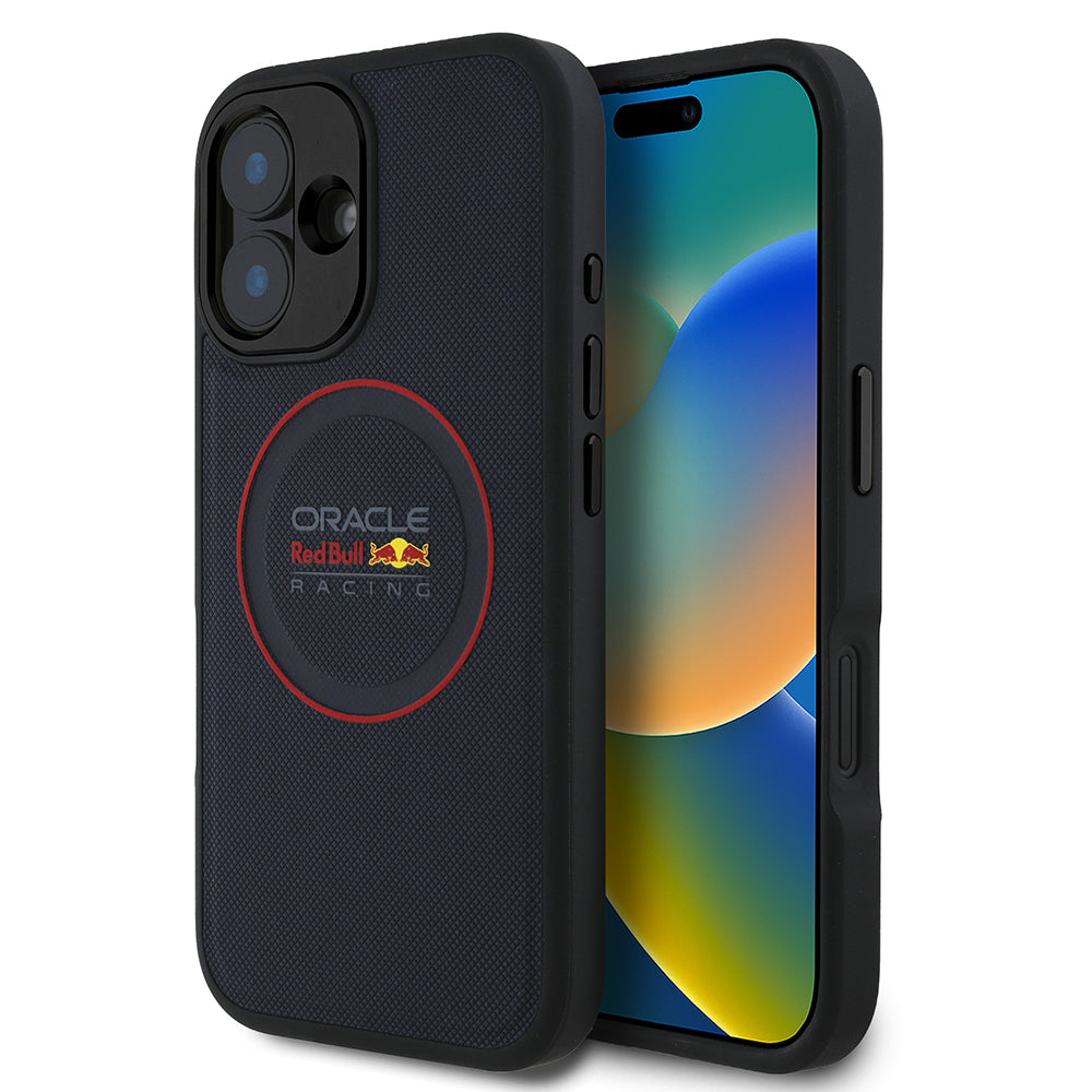 Apple iPhone 16 Plus Kılıf Redbull Orjinal Lisanslı Magsafe Şarj Özellikli Kırmızı Halka ve Logo Kabartmalı PU Deri Kapak Lacivert