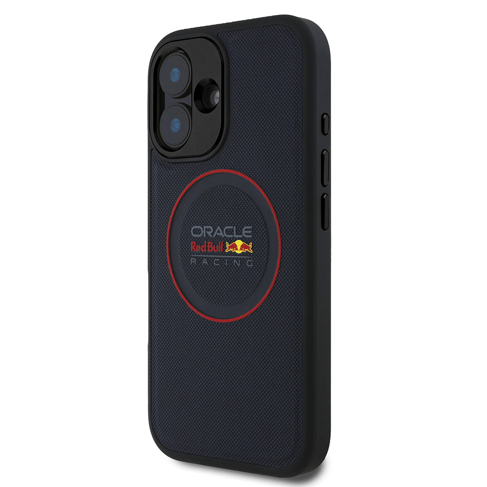 Apple iPhone 16 Plus Kılıf Redbull Orjinal Lisanslı Magsafe Şarj Özellikli Kırmızı Halka ve Logo Kabartmalı PU Deri Kapak Lacivert