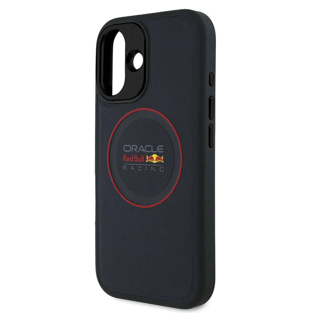 Apple iPhone 16 Plus Kılıf Redbull Orjinal Lisanslı Magsafe Şarj Özellikli Kırmızı Halka ve Logo Kabartmalı PU Deri Kapak Lacivert