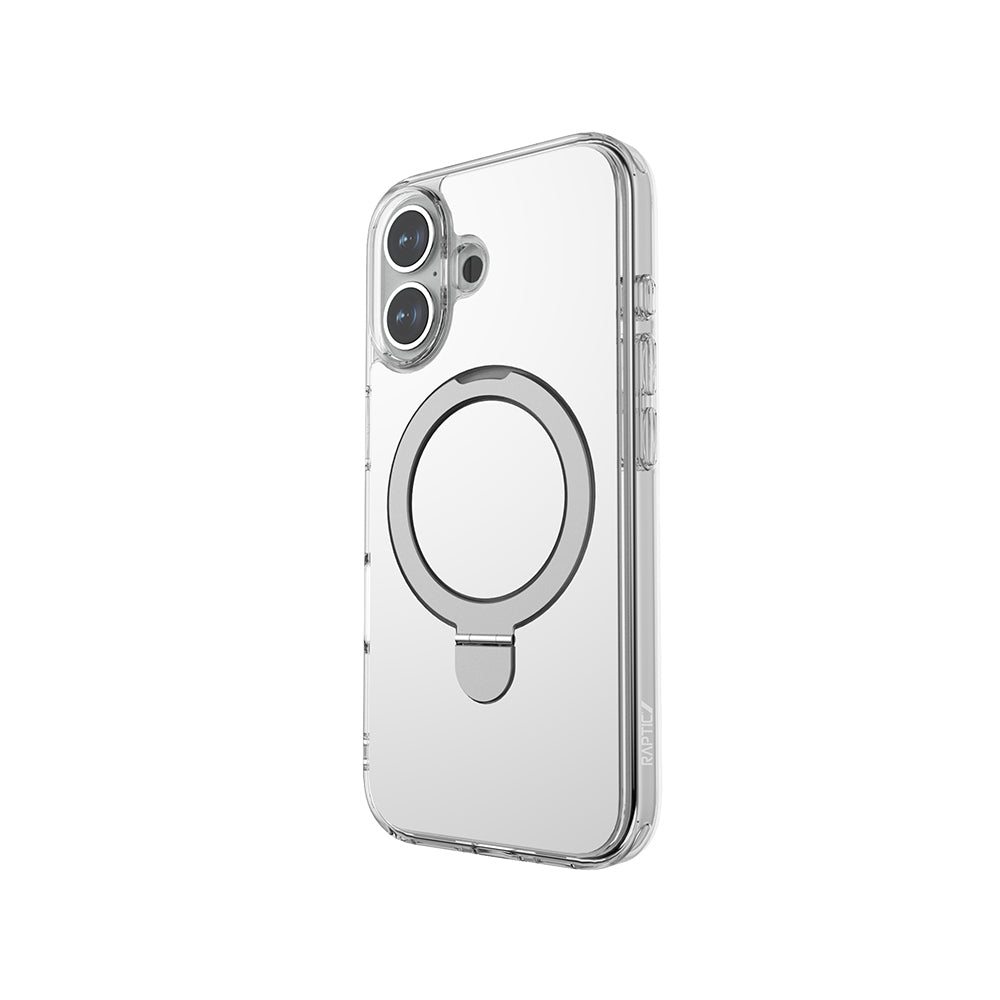 iPhone 16 Plus Magsafe Şarj Özellikli Kılıf Raptic Air Stand Serisi Aynalı Arka Yüzey Standlı Kılıf Gri
