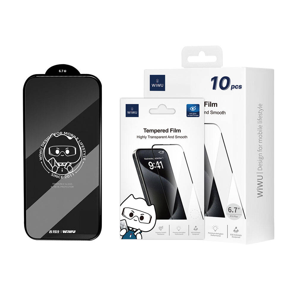 iPhone 16 Plus Wiwu GT-008 Polimer Oleofobik Kaplama Şeffaf Pürüzsüz Temperli Cam Ekran Koruyucu 10'lu Paket Siyah