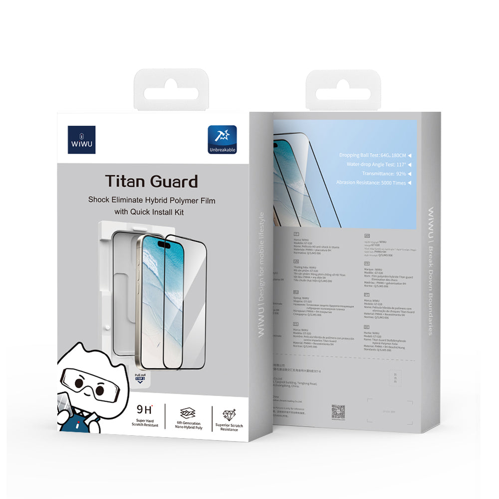 iPhone 16 Plus Wiwu GT-020 Titan Guard Serisi Şok Emici Hibrit Polimer HD Şeffaf Ekran Koruyucu Film + Kolay Uygulama Aparatı Siyah
