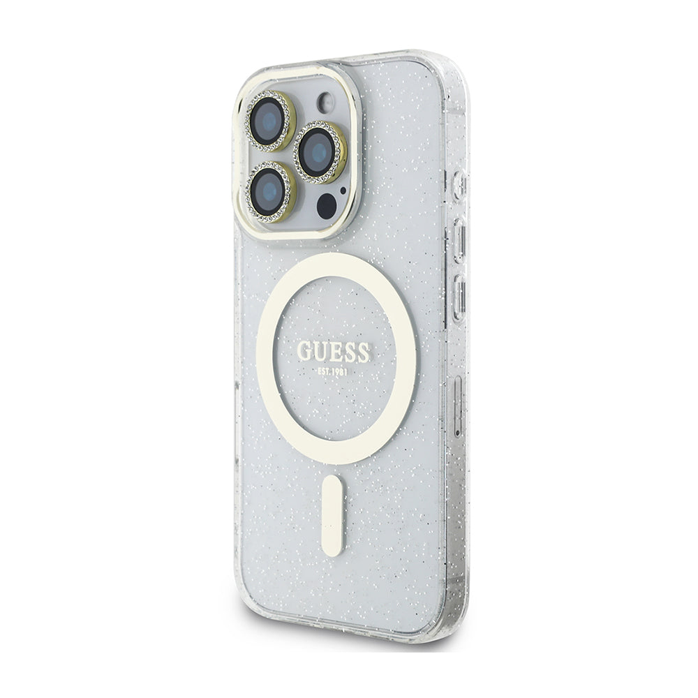 Apple iPhone 16 Pro Guess Orjinal Lisanslı 3'lü Aksesuar Seti IML Baskılı Simli Glitter Kılıf + Ekran Koruyucu + Lens Koruyucu Şeffaf