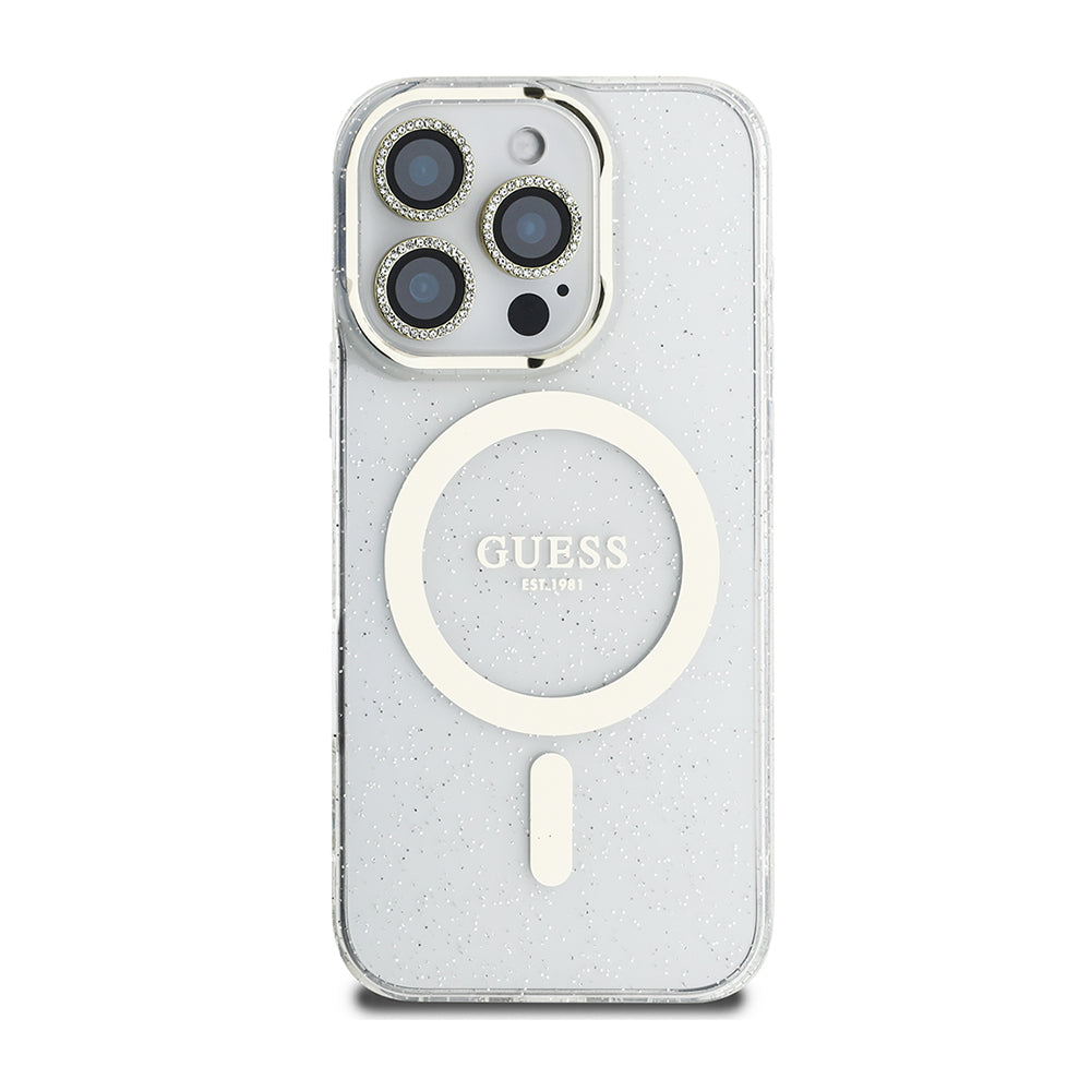 Apple iPhone 16 Pro Guess Orjinal Lisanslı 3'lü Aksesuar Seti IML Baskılı Simli Glitter Kılıf + Ekran Koruyucu + Lens Koruyucu Şeffaf