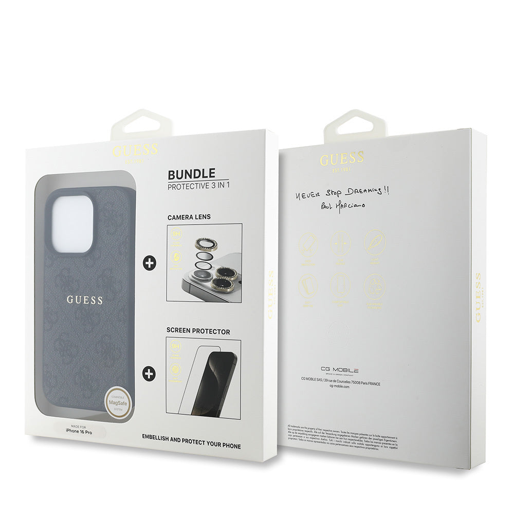 Apple iPhone 16 Pro Guess Orjinal Lisanslı Kılıf + Ekran Koruyucu + Lens Koruyucu 3in1 Aksesuar Seti Siyah