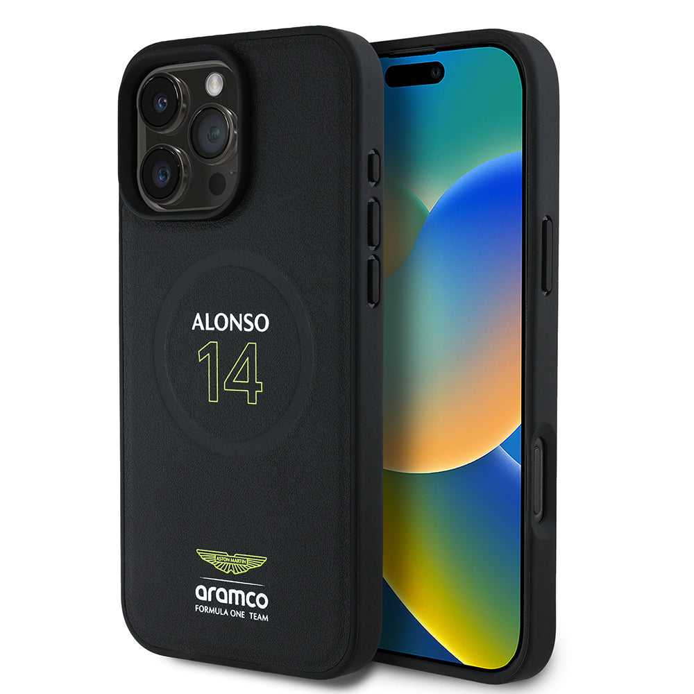 Apple iPhone 16 Pro Kılıf Aston Martin Orjinal Lisanslı M-safe Şarj Özellikli PU Deri Alonso 14 Baskılı Kapak Siyah
