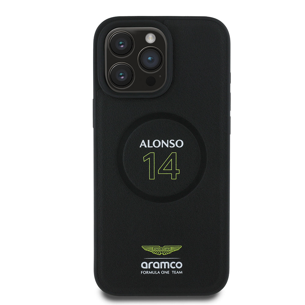 Apple iPhone 16 Pro Kılıf Aston Martin Orjinal Lisanslı M-safe Şarj Özellikli PU Deri Alonso 14 Baskılı Kapak Siyah