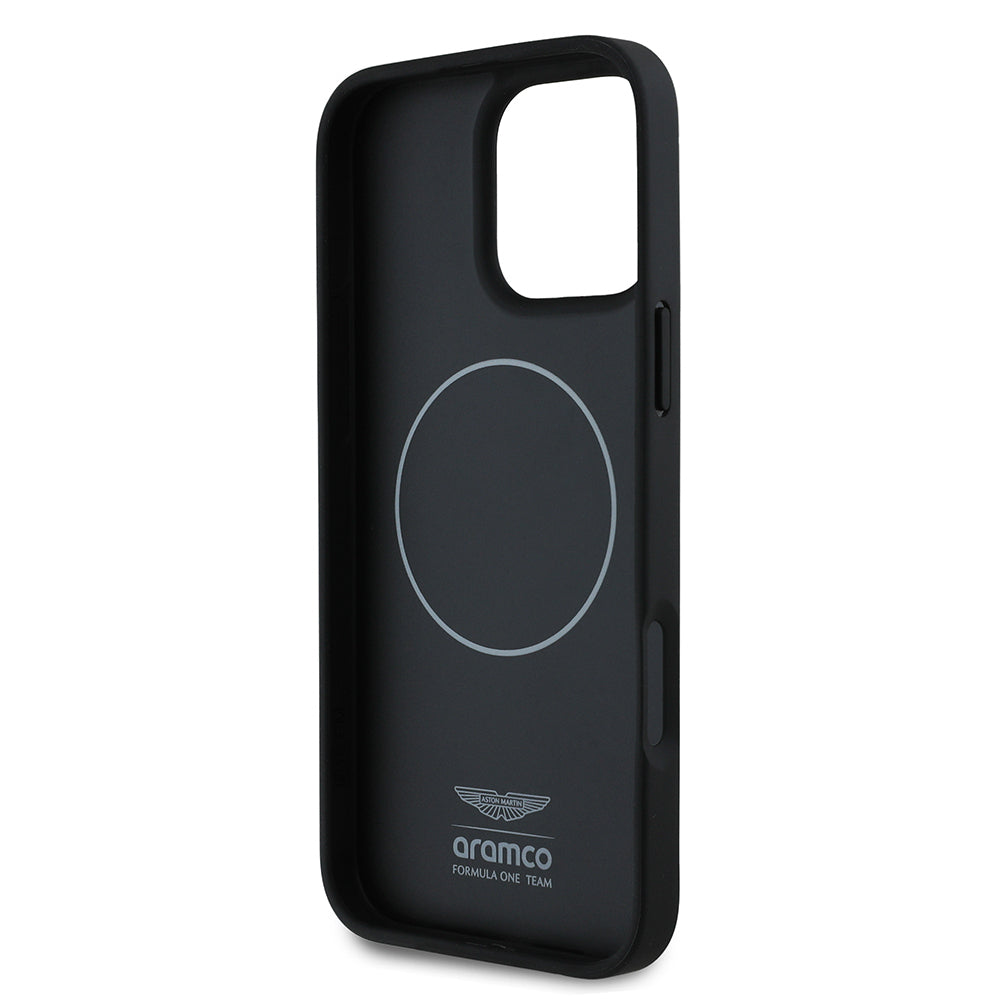 Apple iPhone 16 Pro Kılıf Aston Martin Orjinal Lisanslı M-safe Şarj Özellikli PU Deri Alonso 14 Baskılı Kapak Siyah