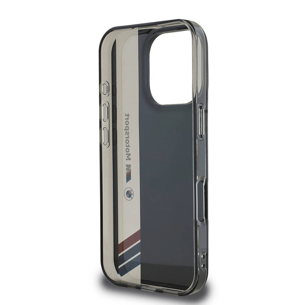 iPhone 16 Pro Kılıf BMW Orjinal Lisanslı M Logolu Üç Renk Çizgili Motorsport Vertical Stripe Kılıf Siyah