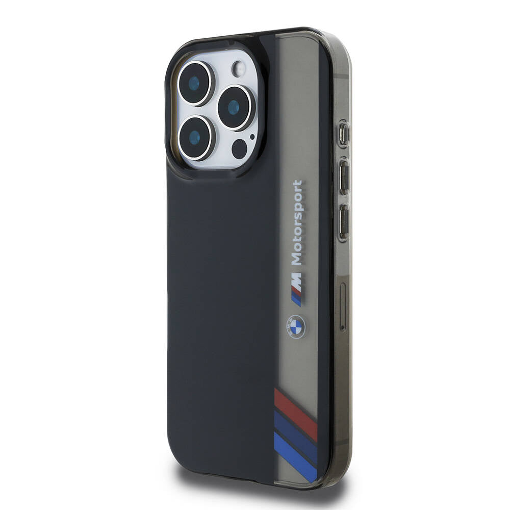 iPhone 16 Pro Kılıf BMW Orjinal Lisanslı M Logolu Üç Renk Çizgili Motorsport Vertical Stripe Kılıf Siyah