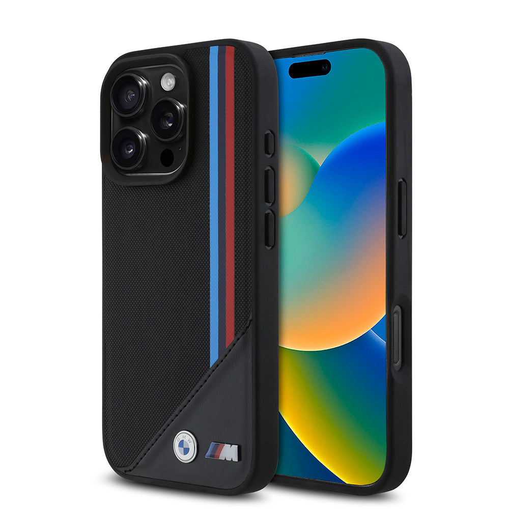 iPhone 16 Pro Kılıf BMW Orjinal Lisanslı Magsafe Şarj Özellikli M Logolu Üç Çizgili Dikiş Detaylı Meshed Tricolor Stripes Kılıf Siyah