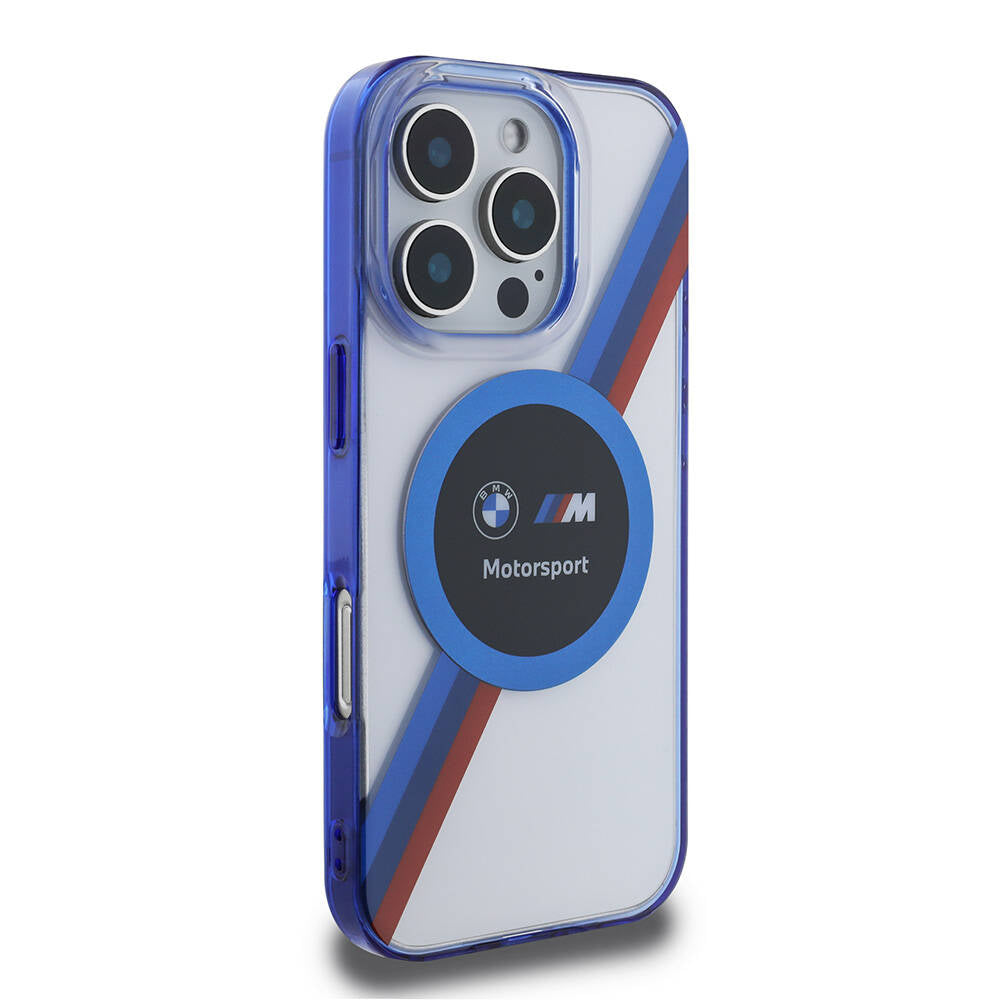 iPhone 16 Pro Kılıf BMW Orjinal Lisanslı Magsafe Şarj Özellikli M Logolu Üç Renk Çizgili Motorsport Circle Kılıf Lacivert